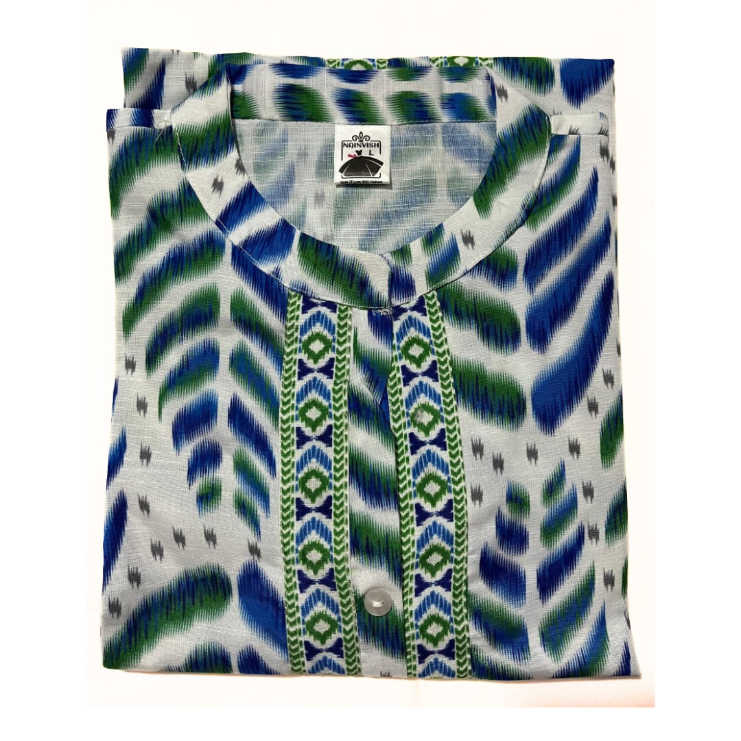 White & Blue Leaf Print Cotton Kurta