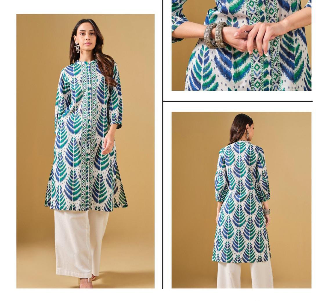 White & Blue Leaf Print Cotton Kurta