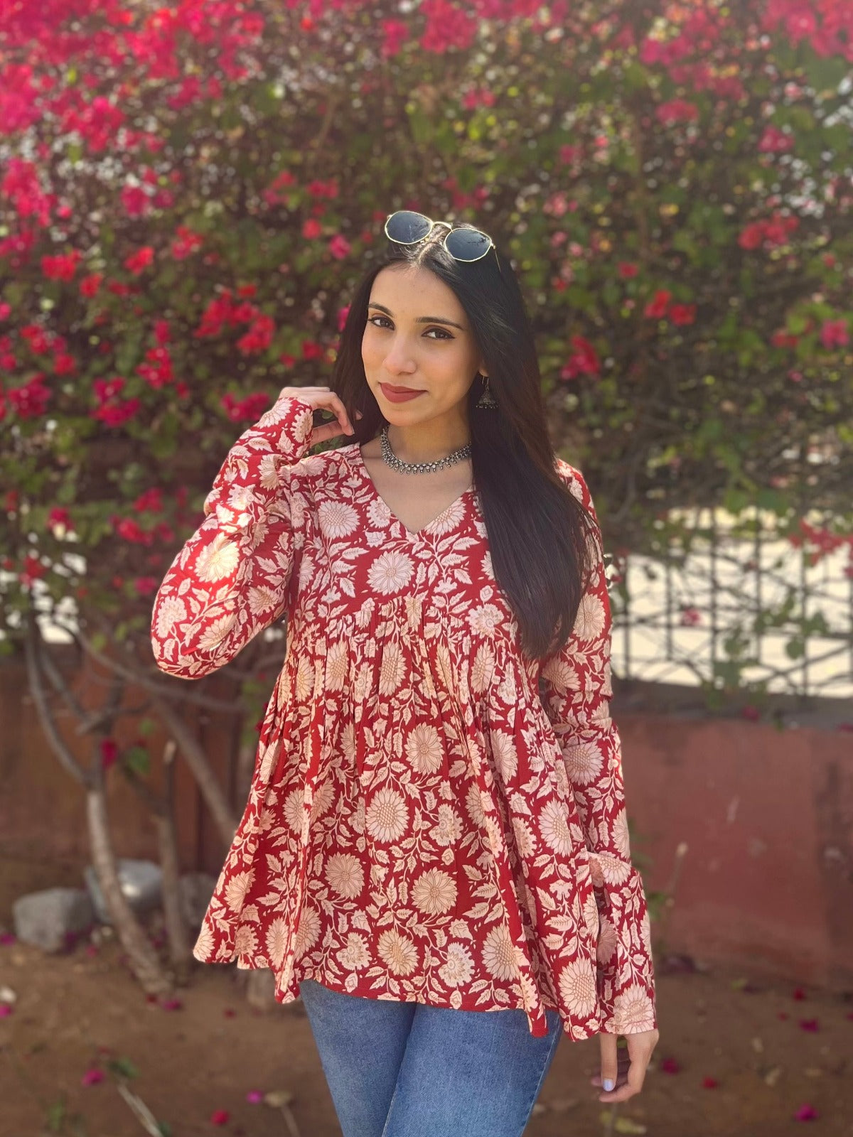 Radiant Red Floral Peplum Kurti