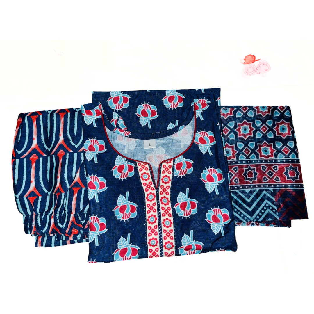 Navy Blue Printed Cotton Suit Set with Dupatta