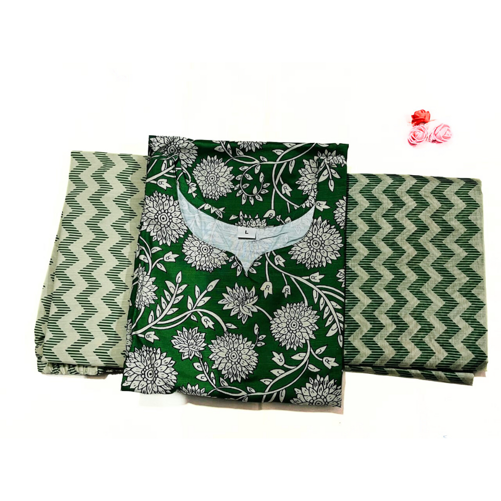 Green Printed Cotton Suit Set with Dupatta