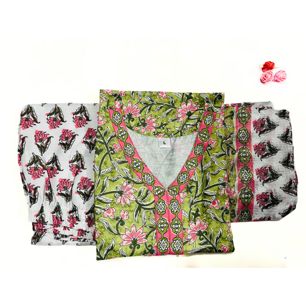 Green Floral Printed Cotton Suit Set with Dupatta