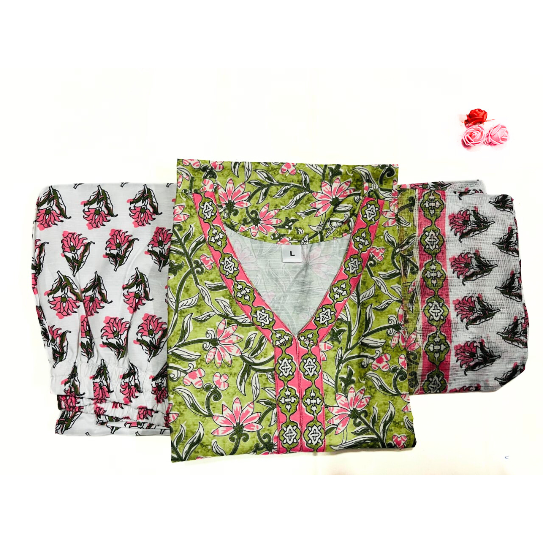Green Floral Printed Cotton Suit Set with Dupatta
