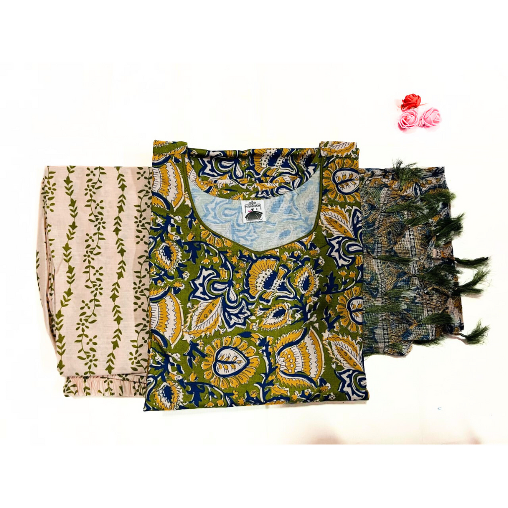 Multi-colored printed straight kurta with Pant and Dupatta