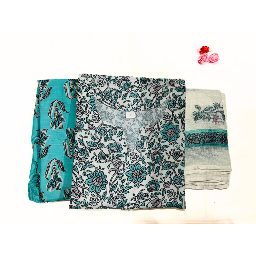 White & Teal Printed Cotton Suit Set with Dupatta