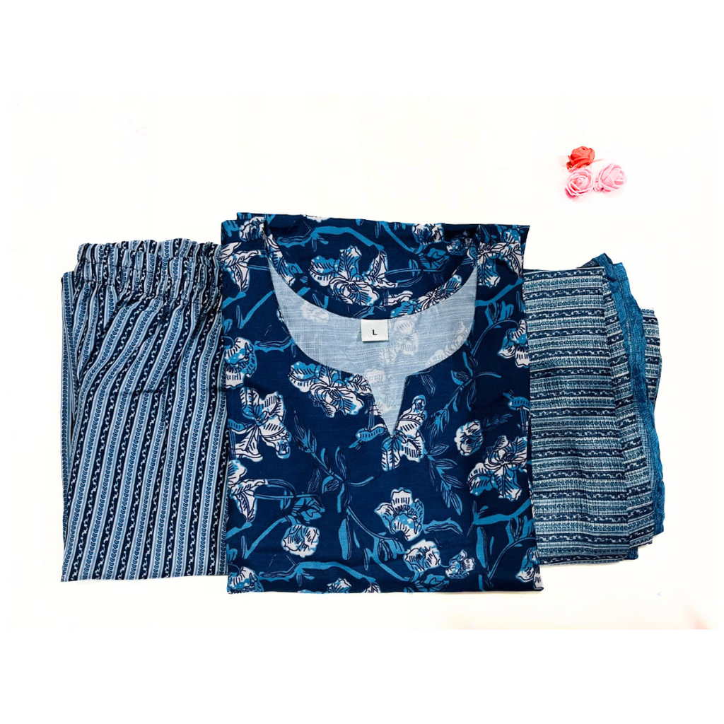 Dark Blue 3 Piece Cotton Suit Set