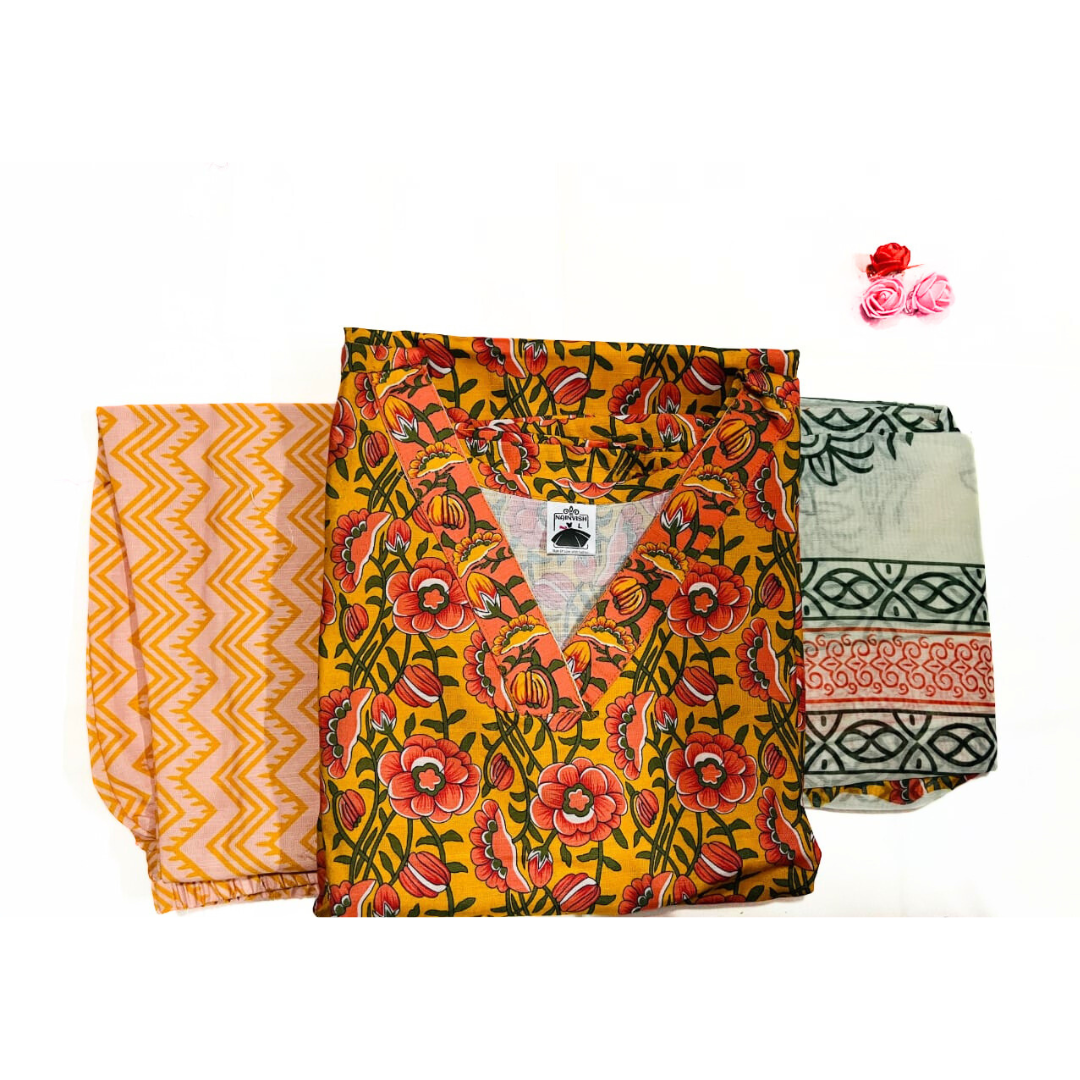 Orange Printed Cotton Suit Set with Dupatta