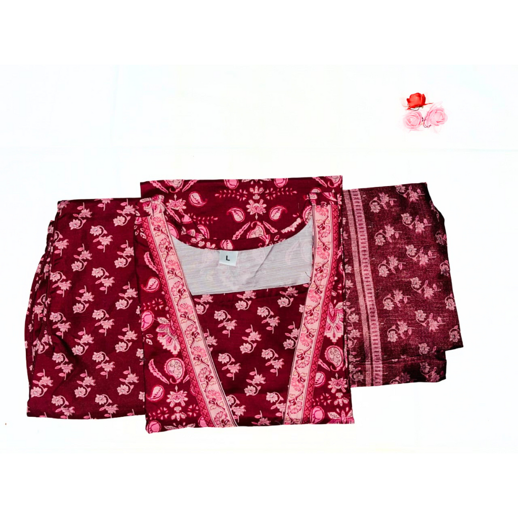 Maroon Cotton 3 Piece Suit Set