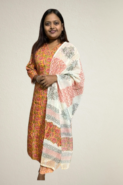 Orange Printed Cotton Suit Set with Dupatta
