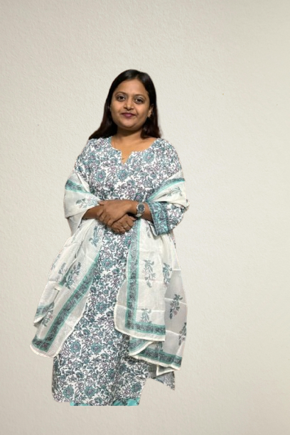 White & Teal Printed Cotton Suit Set with Dupatta