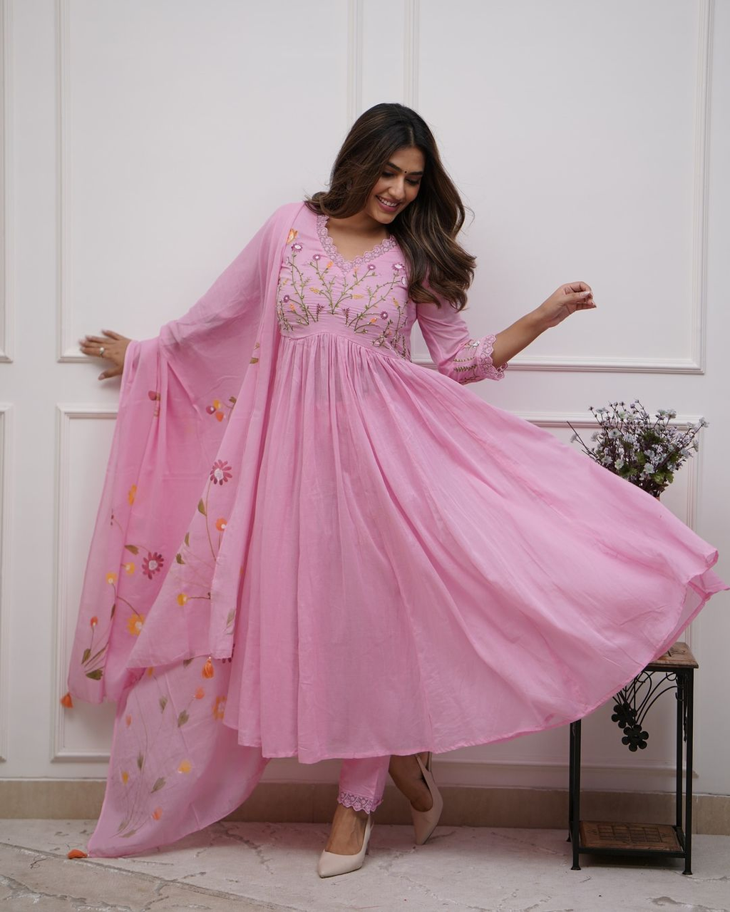 Pink Anarkali Cotton Kurta Set