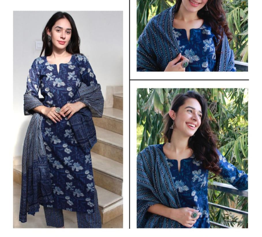 Dark Blue 3 Piece Cotton Suit Set