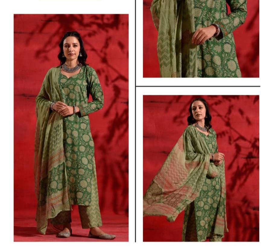 Green Printed Cotton Suit Set with Dupatta