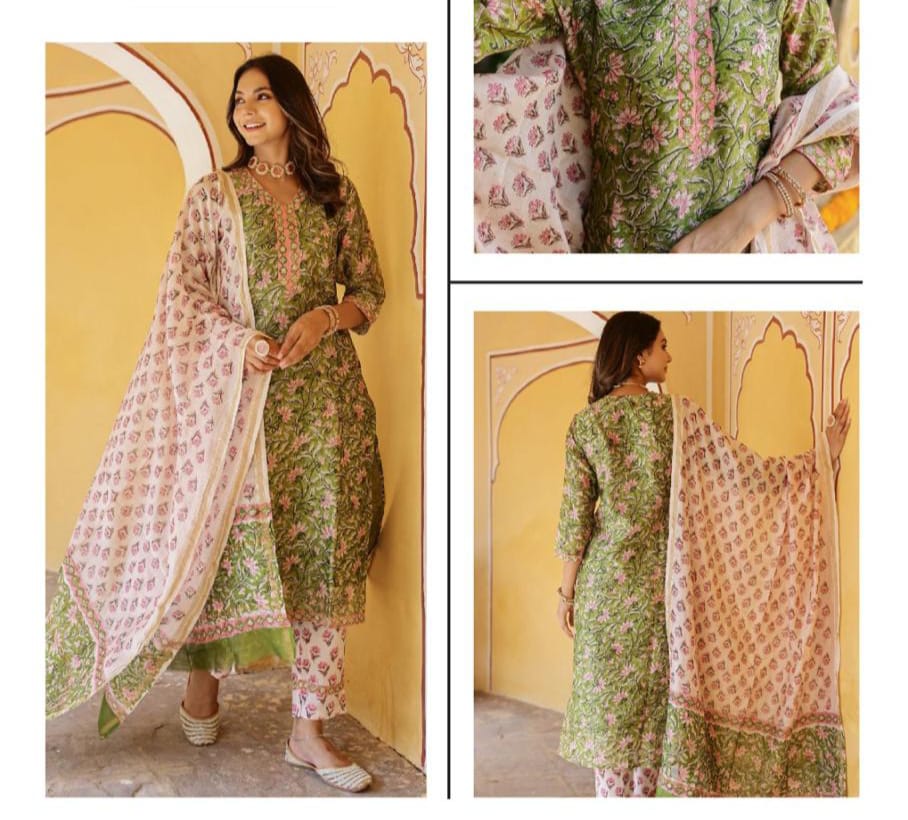 Green Floral Printed Cotton Suit Set with Dupatta
