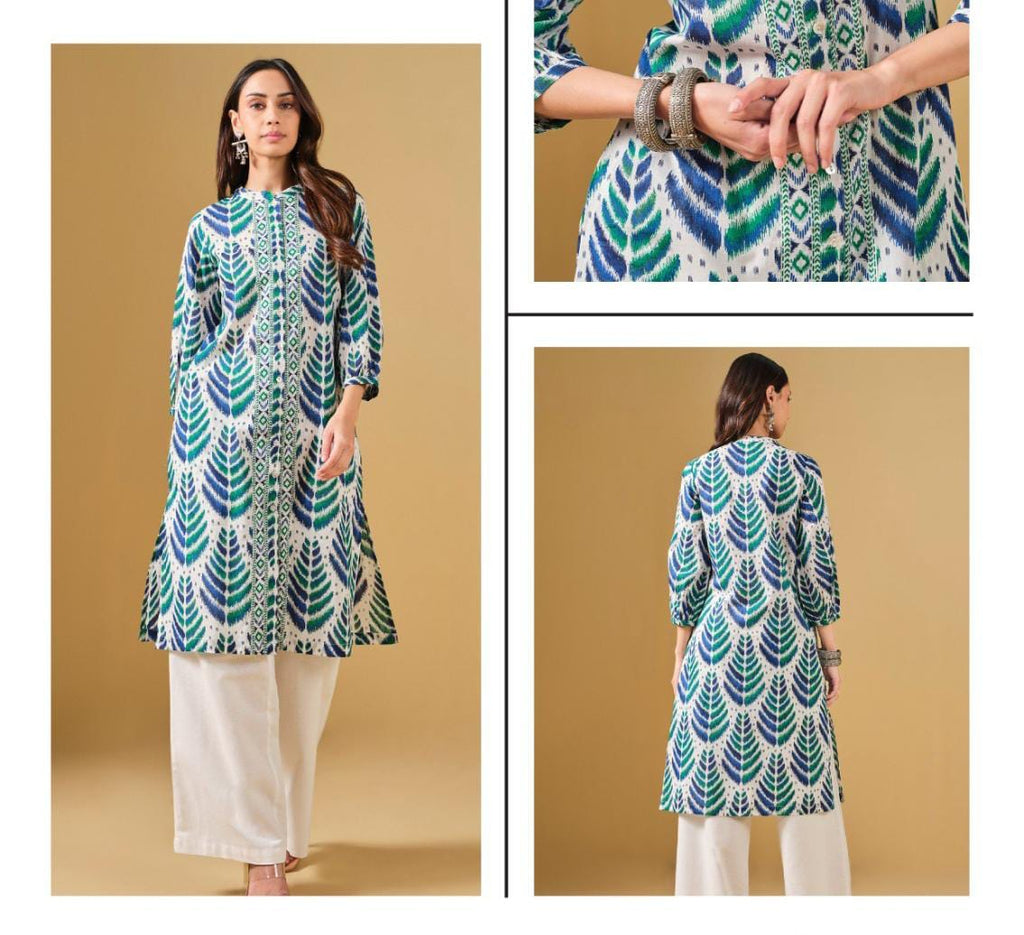 White & Blue Leaf Print Cotton Kurta