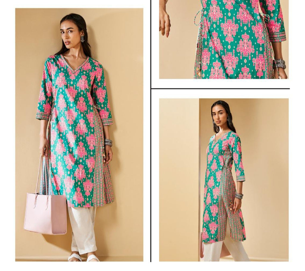Green & Pink Printed Cotton Kurta