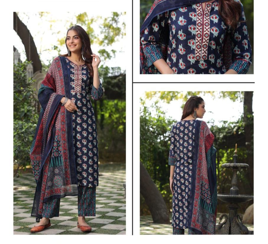 Navy Blue Printed Cotton Suit Set with Dupatta