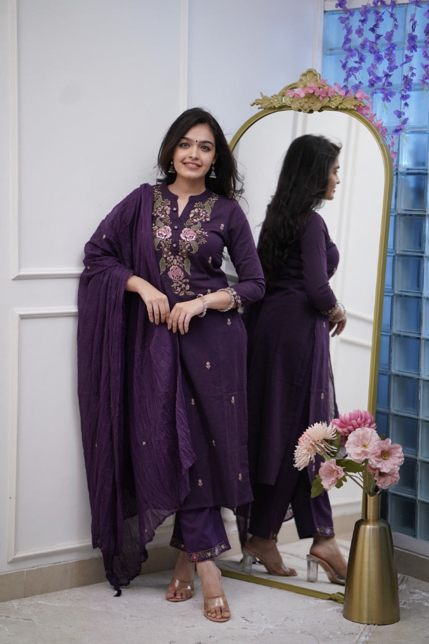 Purple Embroidered Cotton Suit Set