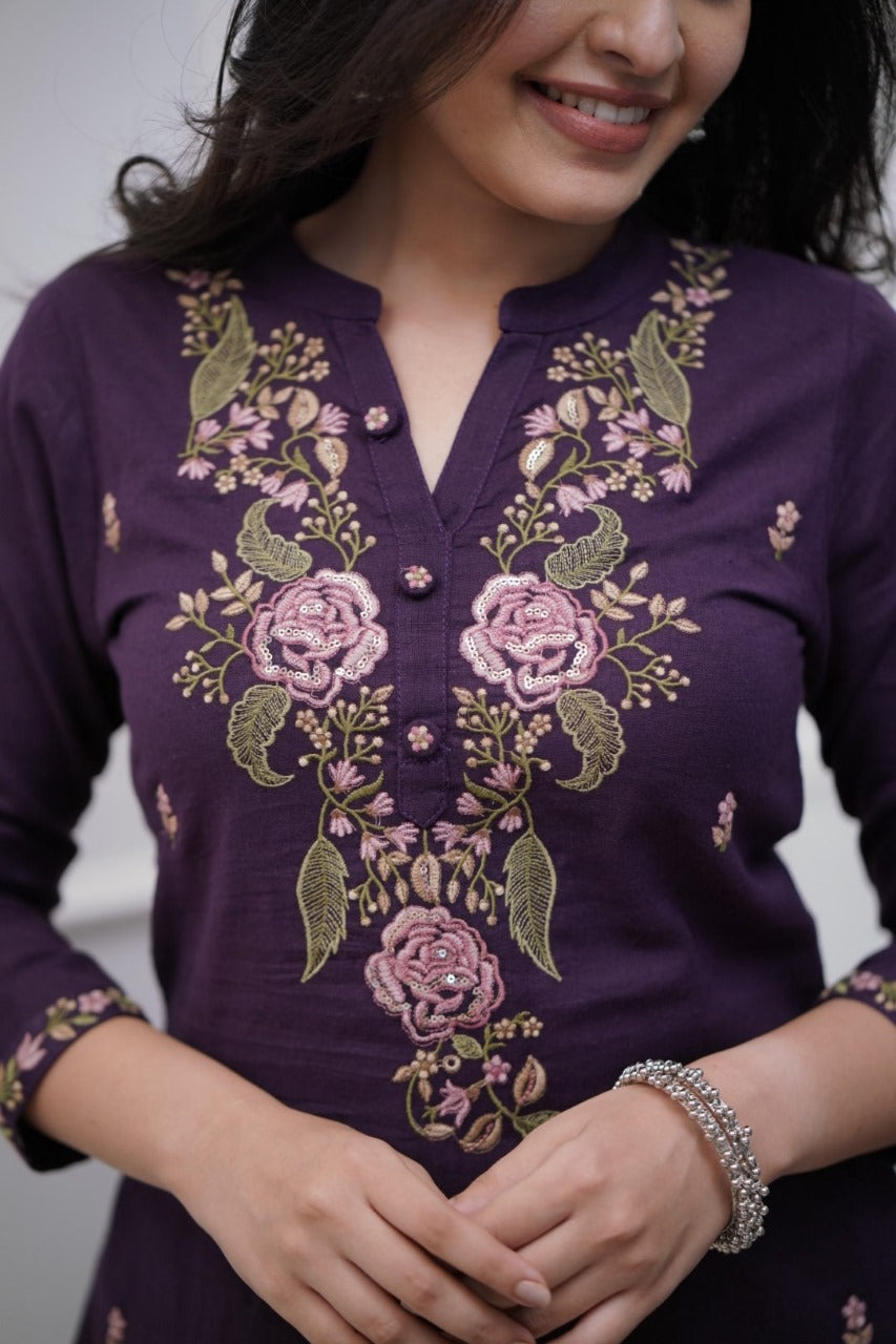 Purple Embroidered Cotton Suit Set