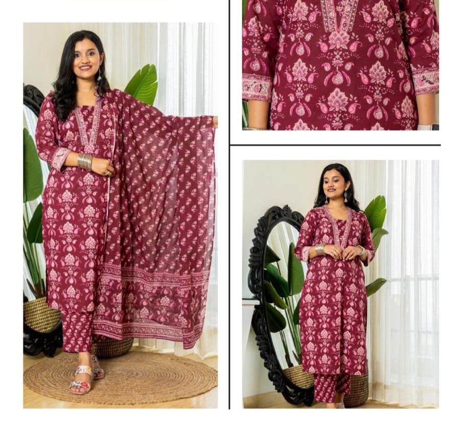 Maroon Cotton 3 Piece Suit Set