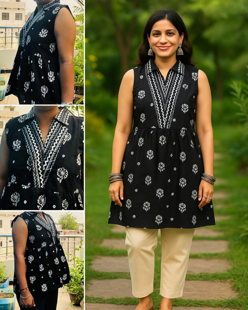 Black Sleeveless Block-Print Peplum Kurti
